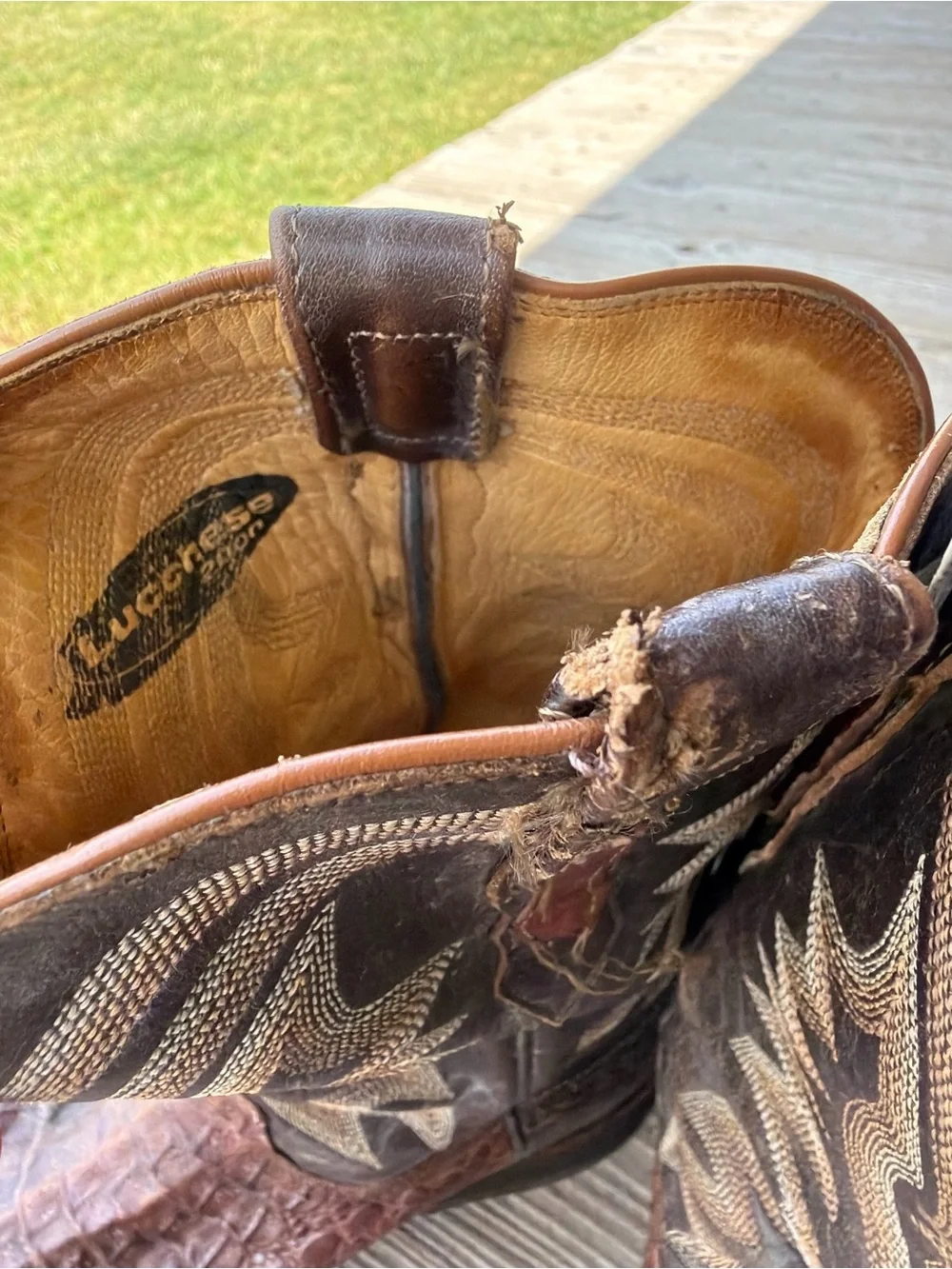 LUCCHESE MEN'S BARREL BROWN AND CHOCOLATE CAIMAN TAIL WIDE SQUARE TOE EXOTIC